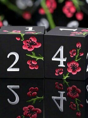 Mahjong Metal Flower Dice | Set of 2 Engraved 6-Sided Dice | Black